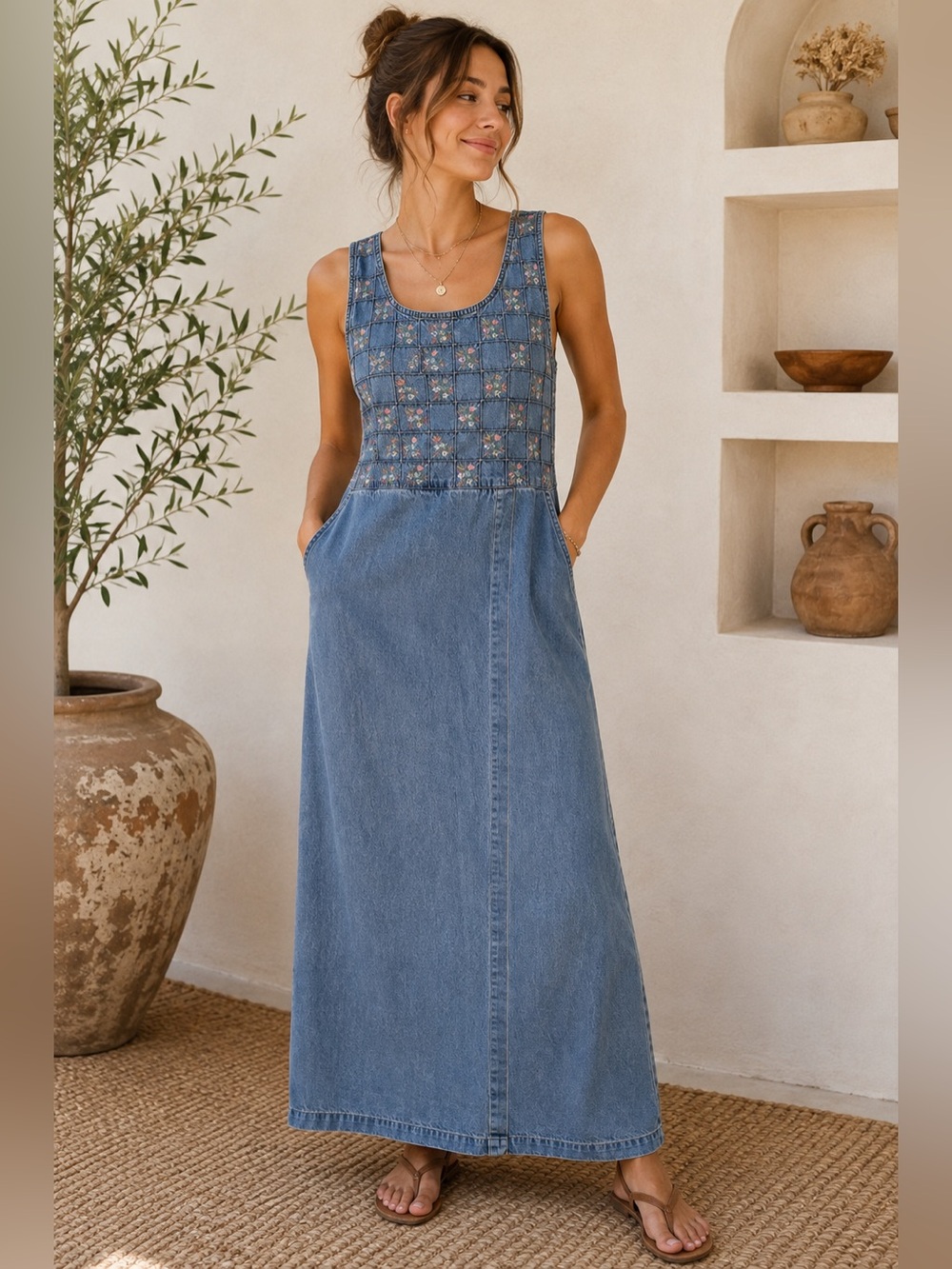 Jane Ashley Vintage Floral Embroidered Denim Jumper Dress | Size M